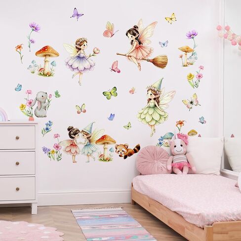 Woodland Mushroom Wall Decals | Flower Fairy Butterfly Wildflower Wall Stickers|Funny Fairies Fairies Wall Decor for Girls Bedroom Baby Nursery Living Room in Kuwait