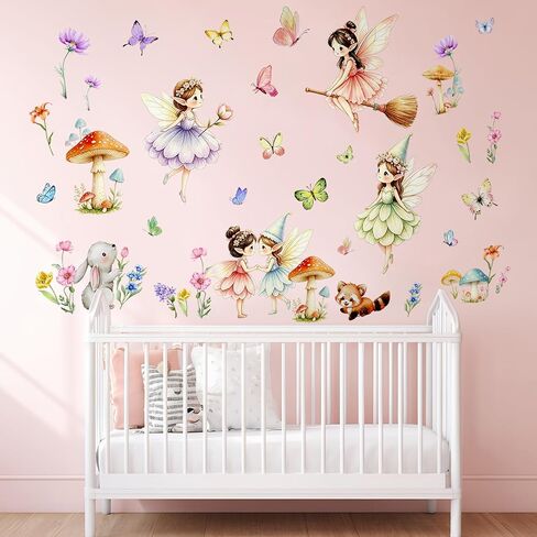 Woodland Mushroom Wall Decals | Flower Fairy Butterfly Wildflower Wall Stickers|Funny Fairies Fairies Wall Decor for Girls Bedroom Baby Nursery Living Room in Kuwait