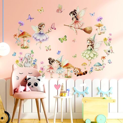 Woodland Mushroom Wall Decals | Flower Fairy Butterfly Wildflower Wall Stickers|Funny Fairies Fairies Wall Decor for Girls Bedroom Baby Nursery Living Room in Kuwait