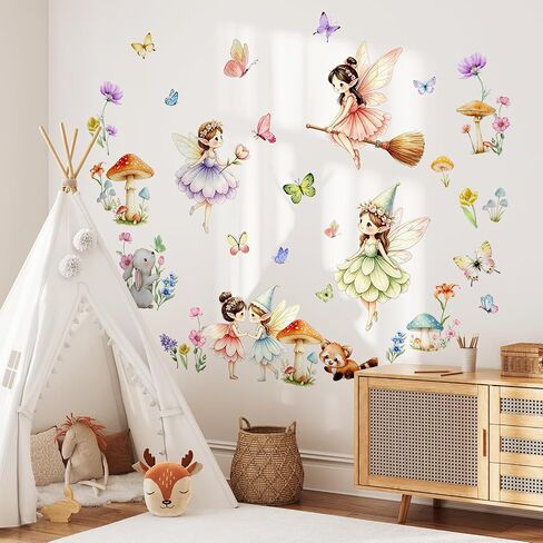 Woodland Mushroom Wall Decals | Flower Fairy Butterfly Wildflower Wall Stickers|Funny Fairies Fairies Wall Decor for Girls Bedroom Baby Nursery Living Room in Kuwait