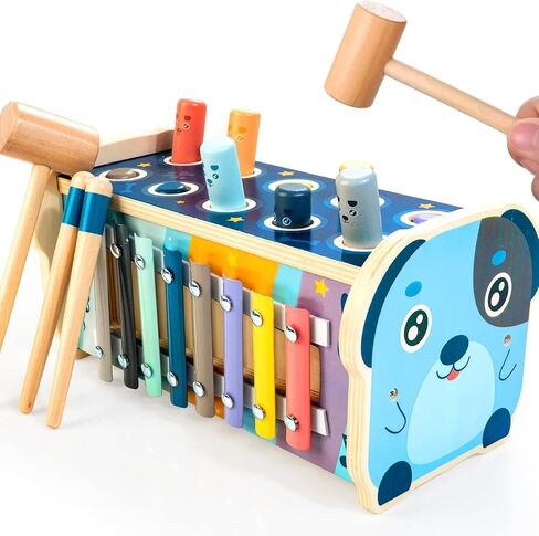 Wooden Hammering Pounding Toy Montessori Toys for 1 Year Old | Pounding Bench, Xylophone, Number Maze Puzzle, Educational Toddler Activities Birthday Gift for 1 2 3 Year Old Boys Girls in Kuwait