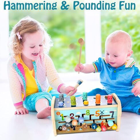 Wooden Hammering Pounding Toy Montessori Toys for 1 Year Old | Pounding Bench, Xylophone, Number Maze Puzzle, Educational Toddler Activities Birthday Gift for 1 2 3 Year Old Boys Girls in Kuwait