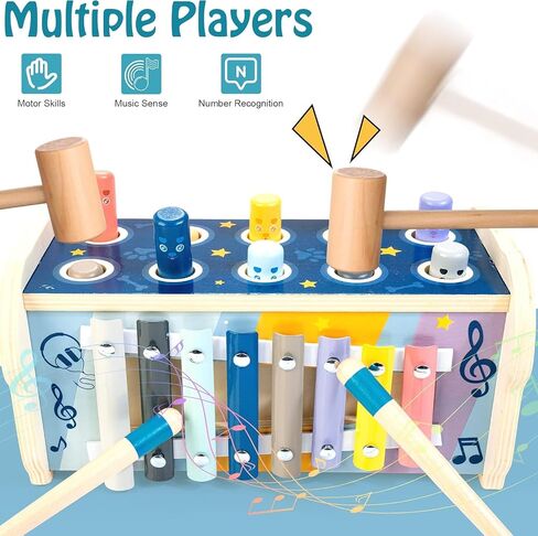 Wooden Hammering Pounding Toy Montessori Toys for 1 Year Old | Pounding Bench, Xylophone, Number Maze Puzzle, Educational Toddler Activities Birthday Gift for 1 2 3 Year Old Boys Girls in Kuwait