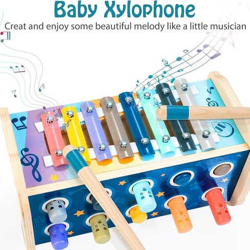 Wooden Hammering Pounding Toy Montessori Toys for 1 Year Old | Pounding Bench, Xylophone, Number Maze Puzzle, Educational Toddler Activities Birthday Gift for 1 2 3 Year Old Boys Girls in Kuwait