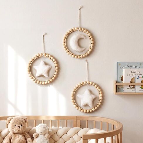 3 Pcs Boho Moon and Stars Wall Decor Nursery Wall Decors Wooden Bead Garland with Felt Centerpieces for Nursery, Farmhouse Style Hanging Decoration in Kuwait