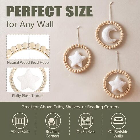 3 Pcs Boho Moon and Stars Wall Decor Nursery Wall Decors Wooden Bead Garland with Felt Centerpieces for Nursery, Farmhouse Style Hanging Decoration in Kuwait