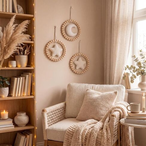 3 Pcs Boho Moon and Stars Wall Decor Nursery Wall Decors Wooden Bead Garland with Felt Centerpieces for Nursery, Farmhouse Style Hanging Decoration in Kuwait