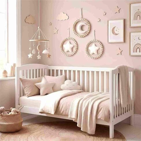 3 Pcs Boho Moon and Stars Wall Decor Nursery Wall Decors Wooden Bead Garland with Felt Centerpieces for Nursery, Farmhouse Style Hanging Decoration in Kuwait