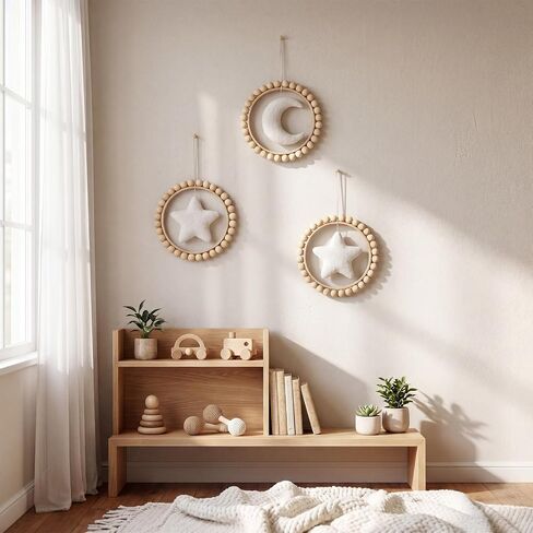 3 Pcs Boho Moon and Stars Wall Decor Nursery Wall Decors Wooden Bead Garland with Felt Centerpieces for Nursery, Farmhouse Style Hanging Decoration in Kuwait