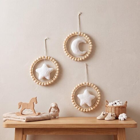 3 Pcs Boho Moon and Stars Wall Decor Nursery Wall Decors Wooden Bead Garland with Felt Centerpieces for Nursery, Farmhouse Style Hanging Decoration in Kuwait