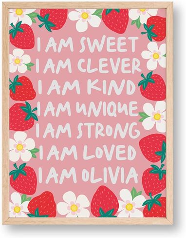 Personalized Strawberry Nursery Wall Art for Girls Sweet Affirmation Print | Pink Bedroom Decor Toddler Girl Room Art I Am Kind I Am Loved Positivity Poster Young Kids Custom name white Florals in Kuwait