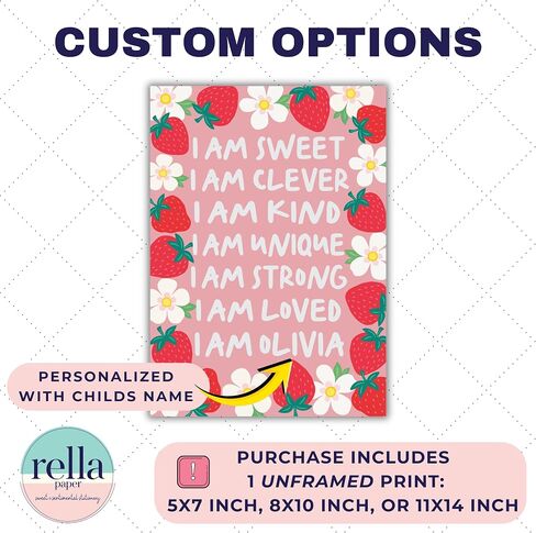 Personalized Strawberry Nursery Wall Art for Girls Sweet Affirmation Print | Pink Bedroom Decor Toddler Girl Room Art I Am Kind I Am Loved Positivity Poster Young Kids Custom name white Florals in Kuwait