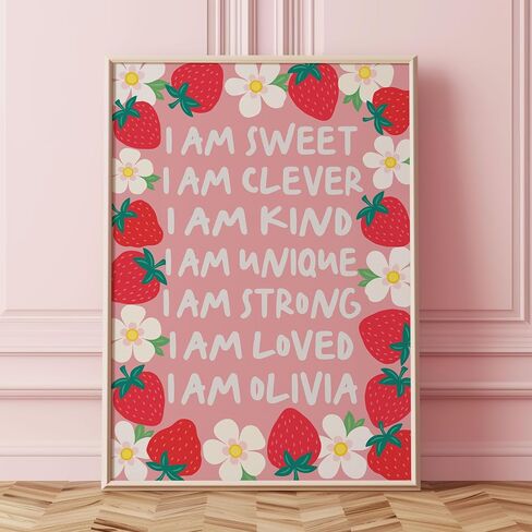 Personalized Strawberry Nursery Wall Art for Girls Sweet Affirmation Print | Pink Bedroom Decor Toddler Girl Room Art I Am Kind I Am Loved Positivity Poster Young Kids Custom name white Florals in Kuwait