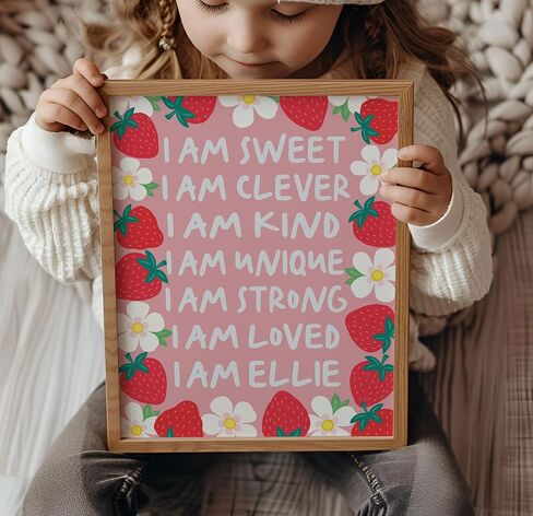 Personalized Strawberry Nursery Wall Art for Girls Sweet Affirmation Print | Pink Bedroom Decor Toddler Girl Room Art I Am Kind I Am Loved Positivity Poster Young Kids Custom name white Florals in Kuwait