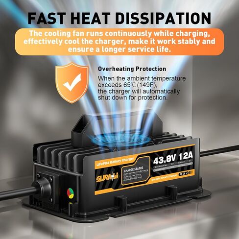 Suraziki 36V Lithium Battery Charger -43.8Volt 12AMP Onboard Charger for 38.4V 12S LiFePO4 Battery,Waterproof 0V Wake UP Charger for Golf Cart,Boat, Solar, RV, Off-Grid in Kuwait