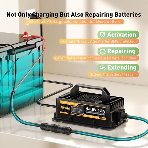 Suraziki 36V Lithium Battery Charger -43.8Volt 12AMP Onboard Charger for 38.4V 12S LiFePO4 Battery,Waterproof 0V Wake UP Charger for Golf Cart,Boat, Solar, RV, Off-Grid in Kuwait