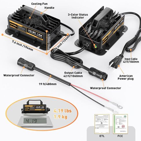 Suraziki 36V Lithium Battery Charger -43.8Volt 12AMP Onboard Charger for 38.4V 12S LiFePO4 Battery,Waterproof 0V Wake UP Charger for Golf Cart,Boat, Solar, RV, Off-Grid in Kuwait