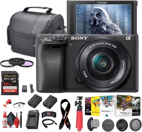 Sony a6400 Mirrorless Camera with 16-50mm Lens with Real-Time Eye Auto Focus, 4K Video ILCE-6400L/B + 64GB Card + NP-FW50 Battery + Photography Software + Filter Kit + Charger + Case + More (Renewed) | For Photography & Video | 4K Video | Real-Time Eye AF in Kuwait