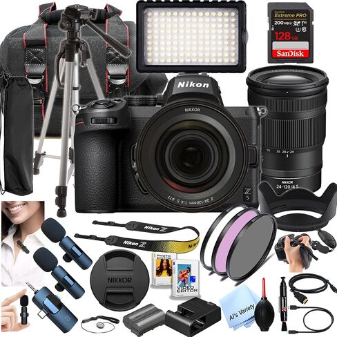 Nikon Z5 Mirrorless Digital Camera 24.3MP,Z 24-120mm f/4 S Lens + 128GB Extreme Memory, Wireless Microphones, LED Light, Filters, Case, Tripod, and More (Content Creator Bundle) (Renewed) in Kuwait