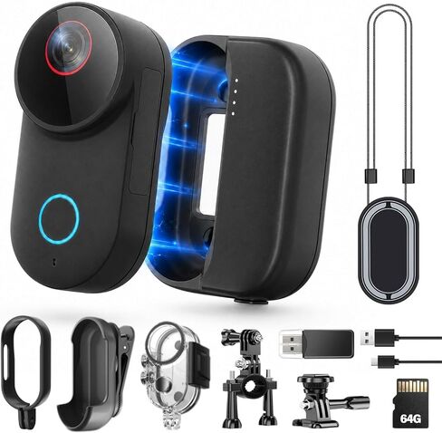 4K Mini Body Camera, Wearable POV Action Cam with 6-Axis EIS | 4K/30FPS with 6-Axis EIS, 154° Wide Angle, 64GB Card, Charging Case, Clip, Helmet & Bike Mount, 30m Waterproof Case for Vlog in Kuwait