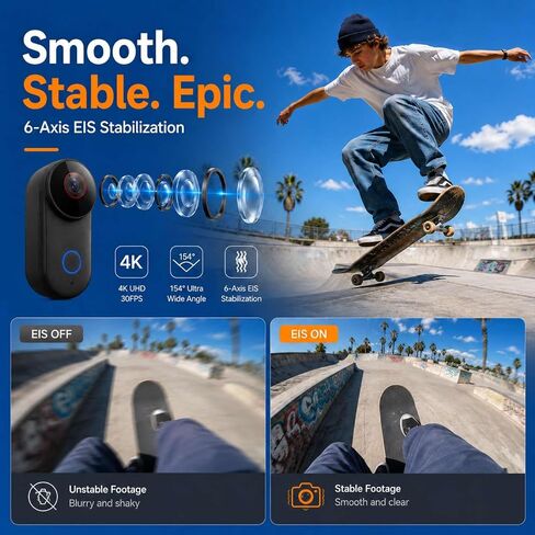 4K Mini Body Camera, Wearable POV Action Cam with 6-Axis EIS | 4K/30FPS with 6-Axis EIS, 154° Wide Angle, 64GB Card, Charging Case, Clip, Helmet & Bike Mount, 30m Waterproof Case for Vlog in Kuwait