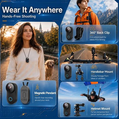 4K Mini Body Camera, Wearable POV Action Cam with 6-Axis EIS | 4K/30FPS with 6-Axis EIS, 154° Wide Angle, 64GB Card, Charging Case, Clip, Helmet & Bike Mount, 30m Waterproof Case for Vlog in Kuwait