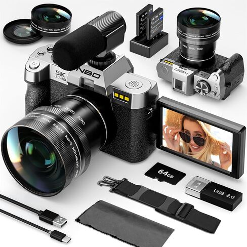 NBD 5K 64MP Digital Cameras for Photography,16X Zoom，Flip Screen,Dual-Lens | WiFi, Autofocus, Wide & Macro Lens, Microphone, 2 Batteries, 64GB Card, for YouTube, Vlogging,Travel, Beginners and Adults in Kuwait