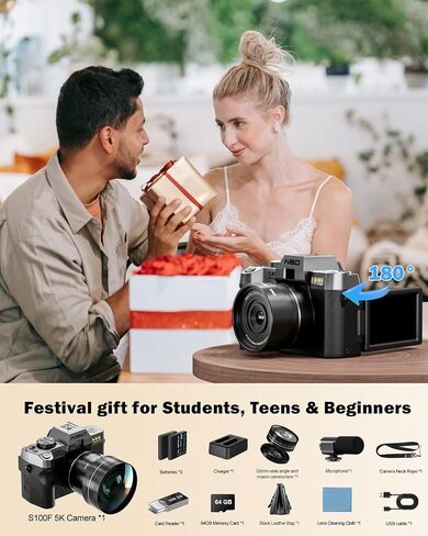 NBD 5K 64MP Digital Cameras for Photography,16X Zoom，Flip Screen,Dual-Lens | WiFi, Autofocus, Wide & Macro Lens, Microphone, 2 Batteries, 64GB Card, for YouTube, Vlogging,Travel, Beginners and Adults in Kuwait