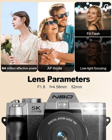 NBD 5K 64MP Digital Cameras for Photography,16X Zoom，Flip Screen,Dual-Lens | WiFi, Autofocus, Wide & Macro Lens, Microphone, 2 Batteries, 64GB Card, for YouTube, Vlogging,Travel, Beginners and Adults in Kuwait