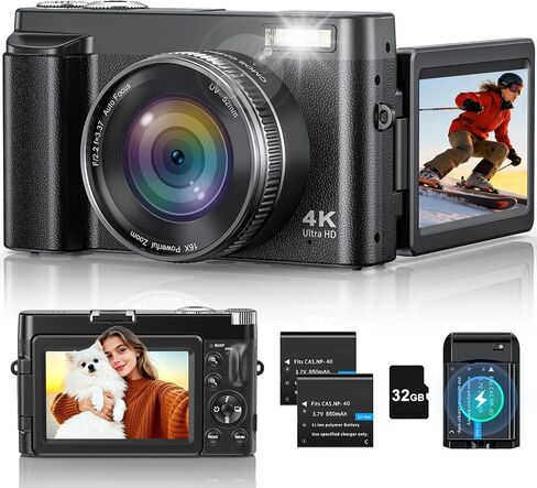 4K Digital Camera for Photography, 48MP Vlogging Camera with Autofocus, Flash, 180° Flip Screen, 16X Zoom, 32GB Card, 2 Batteries & Charger, Compact Travel Camera for Teens, Beginners & YouTube in Kuwait