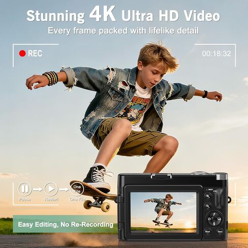 4K Digital Camera for Photography, 48MP Vlogging Camera with Autofocus, Flash, 180° Flip Screen, 16X Zoom, 32GB Card, 2 Batteries & Charger, Compact Travel Camera for Teens, Beginners & YouTube in Kuwait