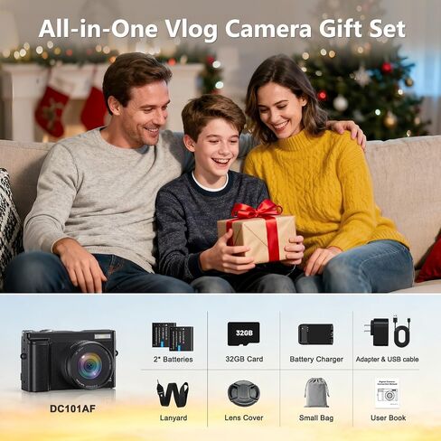 4K Digital Camera for Photography, 48MP Vlogging Camera with Autofocus, Flash, 180° Flip Screen, 16X Zoom, 32GB Card, 2 Batteries & Charger, Compact Travel Camera for Teens, Beginners & YouTube in Kuwait