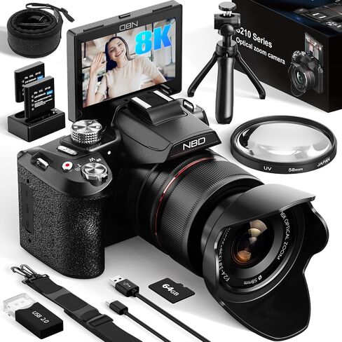 NBD 64MP Digital Cameras for Photography,8K Vlogging Cameras for YouTube,16X Optical Zoom Travel Point and Shoot Digital Cameras Fotograficas with 180°Flip Screen,58mm UV Lens,2 Batteries(Black) in Kuwait