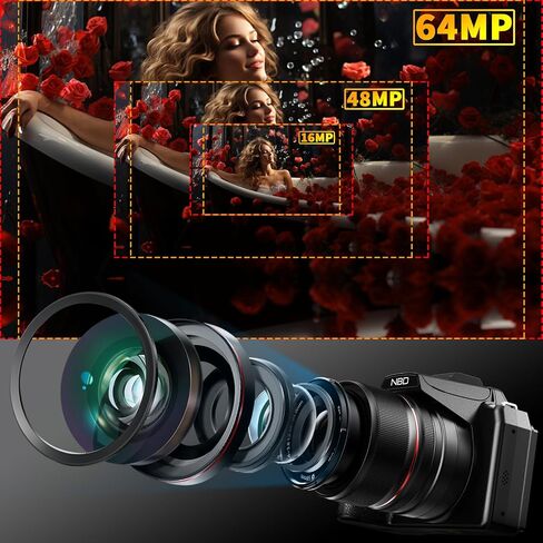 NBD 64MP Digital Cameras for Photography,8K Vlogging Cameras for YouTube,16X Optical Zoom Travel Point and Shoot Digital Cameras Fotograficas with 180°Flip Screen,58mm UV Lens,2 Batteries(Black) in Kuwait
