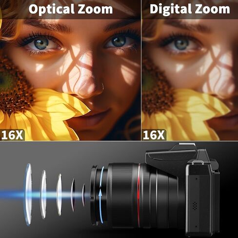 NBD 64MP Digital Cameras for Photography,8K Vlogging Cameras for YouTube,16X Optical Zoom Travel Point and Shoot Digital Cameras Fotograficas with 180°Flip Screen,58mm UV Lens,2 Batteries(Black) in Kuwait