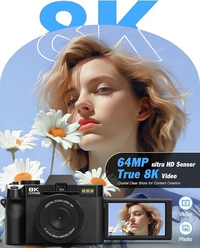 8K Digital Cameras for Photography, 64MP Vlogging Camera with 180°Flip Screen，2 Batteries, 64GB TF Card，16X Zoom, WiFi, 3 Color Filters,Microphone, Tripod, Wide & Macro Lens Kit in Kuwait