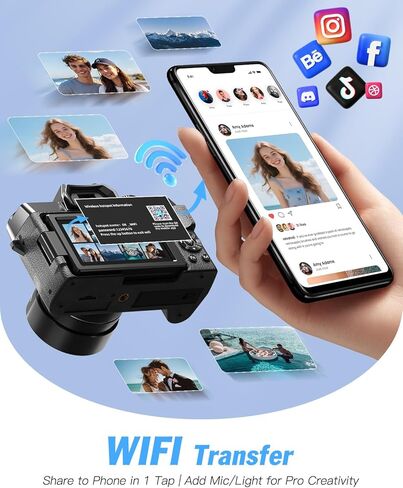 8K Digital Cameras for Photography, 64MP Vlogging Camera with 180°Flip Screen，2 Batteries, 64GB TF Card，16X Zoom, WiFi, 3 Color Filters,Microphone, Tripod, Wide & Macro Lens Kit in Kuwait