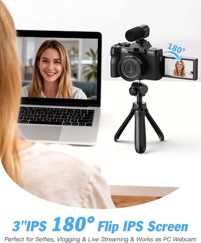8K Digital Cameras for Photography, 64MP Vlogging Camera with 180°Flip Screen，2 Batteries, 64GB TF Card，16X Zoom, WiFi, 3 Color Filters,Microphone, Tripod, Wide & Macro Lens Kit in Kuwait