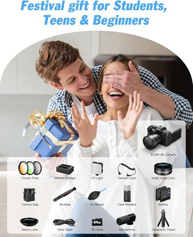 8K Digital Cameras for Photography, 64MP Vlogging Camera with 180°Flip Screen，2 Batteries, 64GB TF Card，16X Zoom, WiFi, 3 Color Filters,Microphone, Tripod, Wide & Macro Lens Kit in Kuwait
