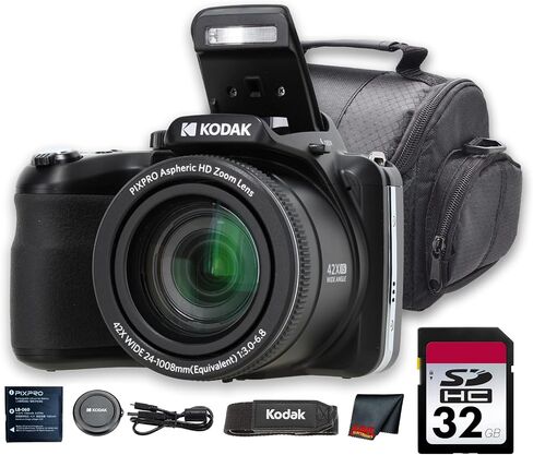 Kodak PIXPRO AZ425 Digital Camera (Black) | 20MP Sensor, 42x Optical Zoom, 24mm Wide-Angle Lens & Optical Image Stabilization | Great for Travel & Everyday Photos (AZ425BK) + 32GB Card + Bag + Cloth in Kuwait
