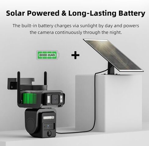 Solar Security Camera, Dual Lens 360° PTZ, 2.4GHz WiFi | 8000mAh Battery, Motion Tracking, White-Light Color Night Vision, 2-Way Audio, IP66, MicroSD or Optional Paid Cloud in Kuwait