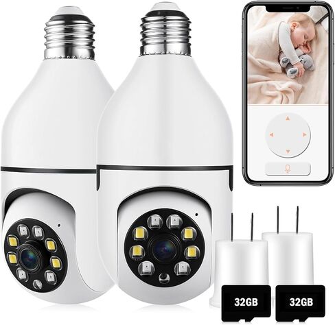 Security Camera Indoor Wireless WiFi Outdoor Home E27 360 Degree Panoramic Home Security Cameras IP Camera Motion Detection and Alarm Two-Way Audio 2pack-64GB in Kuwait