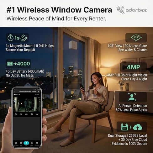 Wireless Window Camera for Indoor: No Wires No Power Outlet | 45-Day Battery for Rental Home Security with 4MP Color Night Vision - 3s DIY No Tools No Drill with Removable Magnetic Mount in Kuwait