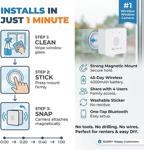 Wireless Window Camera for Indoor: No Wires No Power Outlet | 45-Day Battery for Rental Home Security with 4MP Color Night Vision - 3s DIY No Tools No Drill with Removable Magnetic Mount in Kuwait