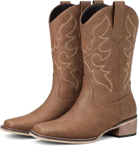 Cowboy Boots for Women Square Toe Wide Calf Mid Calf Cowgirl Boots | Western Retro Embroidery, Pull On Tabs, Low Chunky Heel, Rodeo Country Concert Music Festival Dance Party Wedding Daily Wear in Kuwait