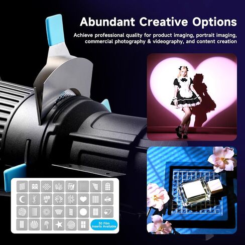 YSKE-Bowens Mount Spotlight Conical Optical Snoot kit 19°,Photography Studio Lighting Accessory with 30 Metal Gobos&5 Color Gels Focus ControlCompatible for Aputure Godox Nee*wer Profoto LED Lights in Kuwait