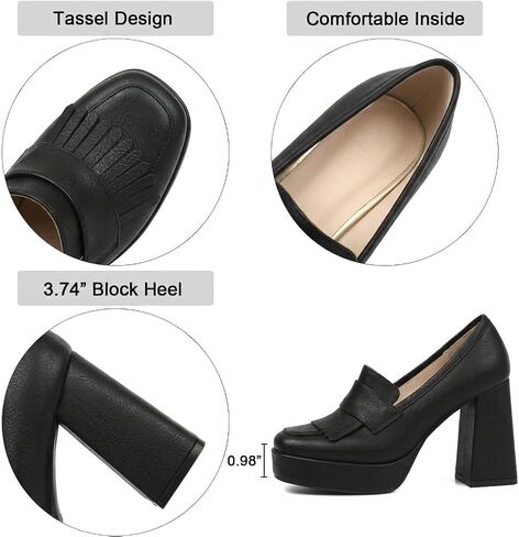 Women's Beige Heeled Loafers Platform Chunky High Heel Dress Loafers,6 | Square Slip On Pump Shoes Platform Dress Office Loafer With Heel Tassel Decor Chunky Block High Heel Loafers in Kuwait