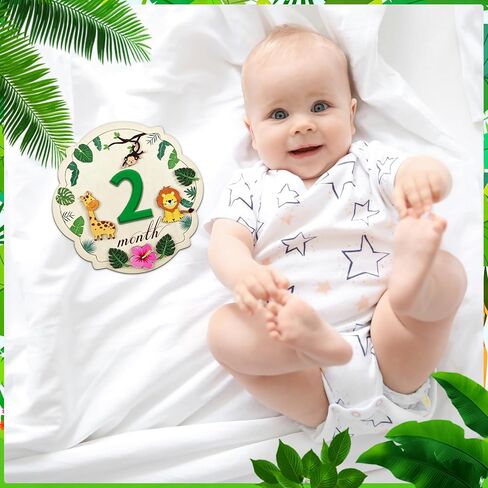 Baby Monthly Milestone Signs - Wooden Safari Animal Photography Props for Newborn, 1-12 Monthly Baby Month Milestone - Nursery Decor for Boy Girl Announcement Sign in Kuwait