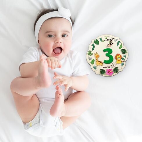 Baby Monthly Milestone Signs - Wooden Safari Animal Photography Props for Newborn, 1-12 Monthly Baby Month Milestone - Nursery Decor for Boy Girl Announcement Sign in Kuwait