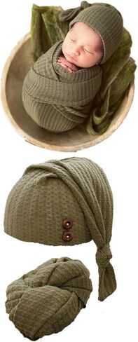 Newborn Baby Photography Wrap with Long Tail Hat Boy Girl Photo Crochet Outfits Picture Blanket Props (green) in Kuwait